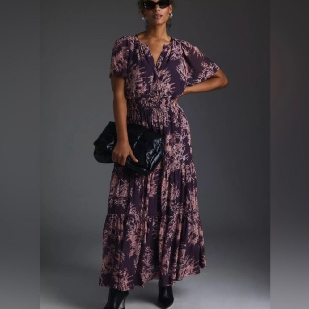Anthropologie Plum and Blush Floral Maxi Dress, somerset, chiffon sleeves
